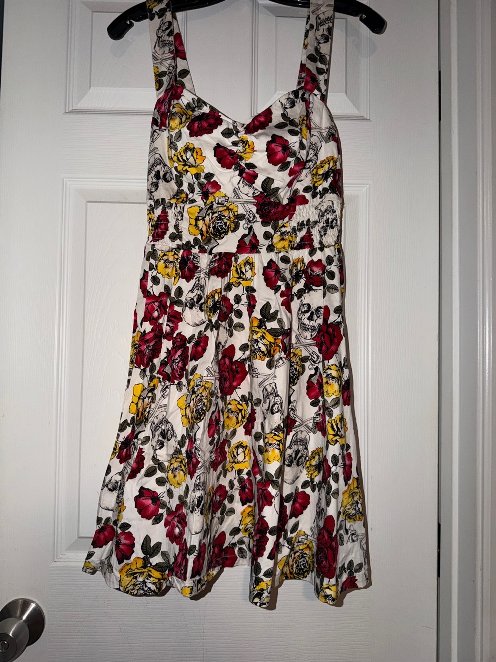 Hot Topic White Floral Midi Dress with Red & Yellow Roses